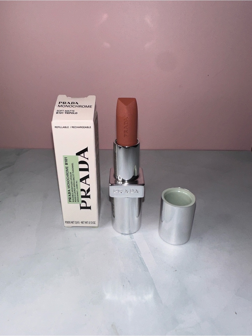 Prada Monochrome Soft Matte Lipstick — Warm Nude Brown